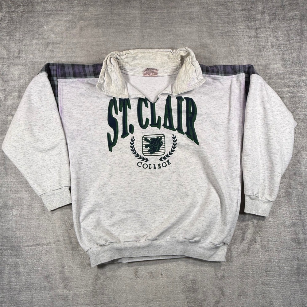 Vintage St. Clair College Sweatshirt Mens Large Grey Plaid Accent 80s Canada